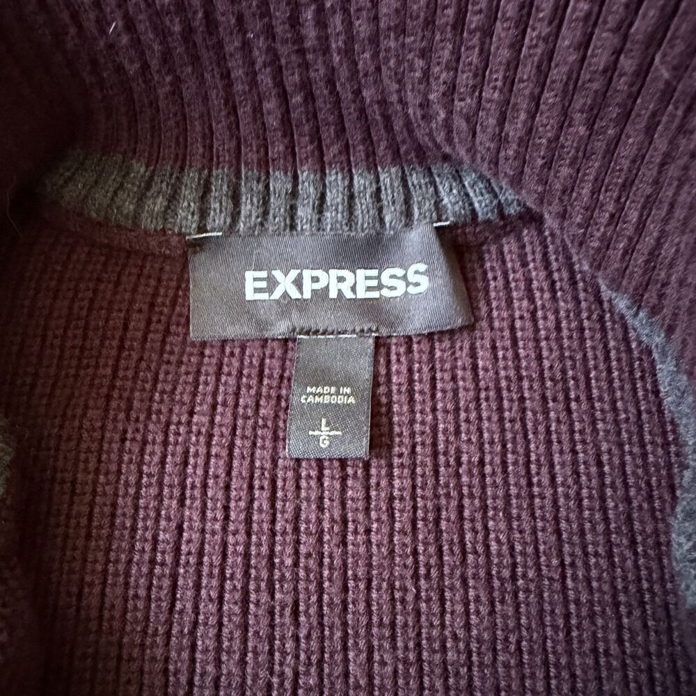 Express Men’s Burgundy Ribbed Knit Mock Neck Sweater Zip Button - Size Large - Picture 2 of 7